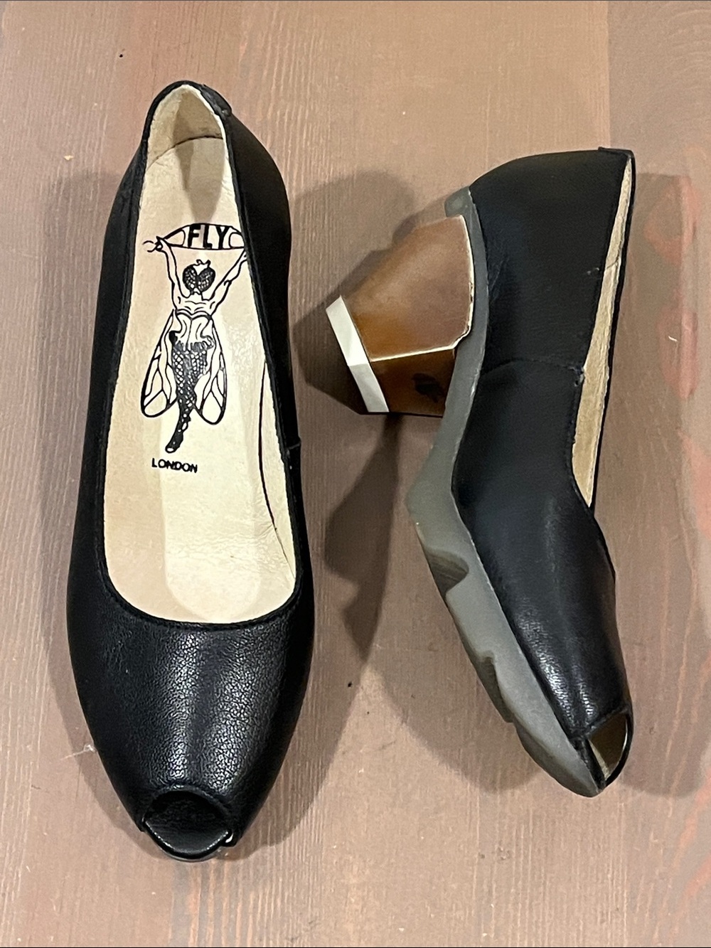 Fly London Artsy Pumps EU 36 Sculpted Heel Black Leather Peep Toe Whimsigoth